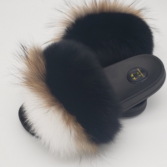 100% Real White Beige Black Fox Fur Slides In-stock Fast shipping - Picture 2 of 5